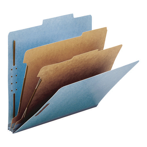 Image of Smead Recycled Pressboard Classification Folders, 2" Expansion, 2 Dividers, 4 Fasteners, Letter Size, Blue Exterior, 10/Box