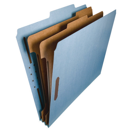 Image of Smead Recycled Pressboard Classification Folders, 2" Expansion, 2 Dividers, 4 Fasteners, Letter Size, Blue Exterior, 10/Box