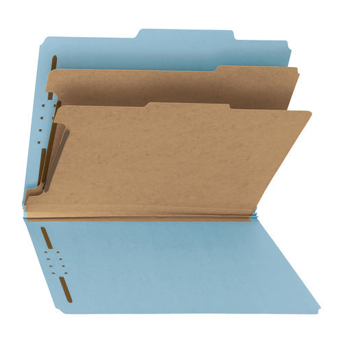 Image of Smead Recycled Pressboard Classification Folders, 2" Expansion, 2 Dividers, 4 Fasteners, Letter Size, Blue Exterior, 10/Box