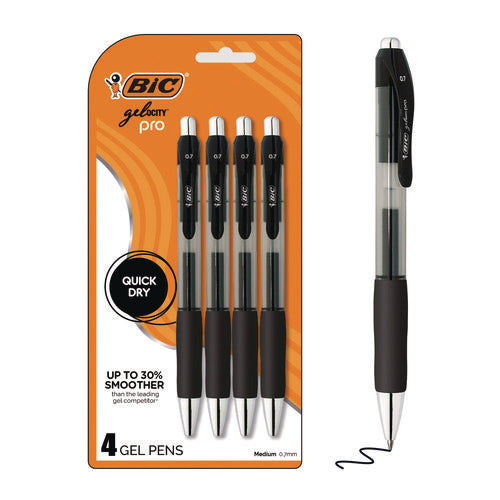Image of BIC® Gel-ocity Pro Gel Pen, Retractable, Medium 0.7 mm, Black Ink, Translucent Black/Black Barrel, 4/Pack