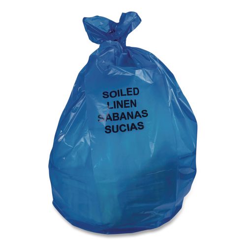 Image of Heritage Healthcare Pre-Printed High-Density Can Liners, Soiled Linen, 45 gal, 18 mic, 40" x 48", Blue, Flat Pack, 200/Carton