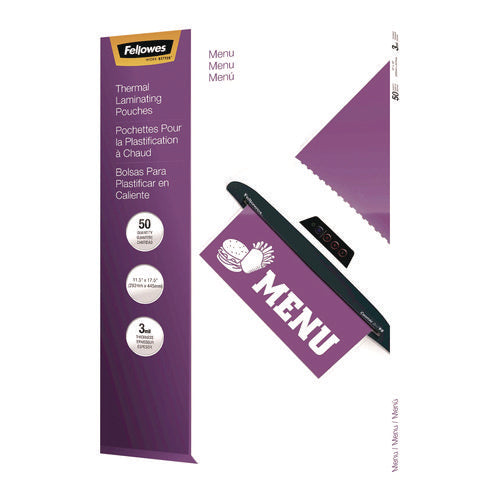 Image of Fellowes® Laminating Pouches, 3 mil, 11.5" x 17.5", Gloss Clear, 50/Pack
