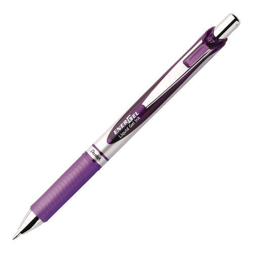 Image of Pentel® EnerGel RTX Deluxe Gel Pen, Retractable, Medium 0.7 mm, Purple Ink, Purple/Silver Barrel, 3/Pack