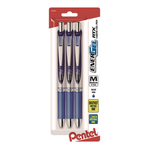 Image of Pentel® EnerGel RTX Gel Pen, Retractable, Medium 0.7 mm, Blue Ink, Blue/Silver Barrel, 3/Pack