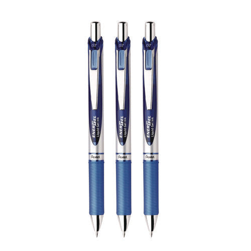 Image of Pentel® EnerGel RTX Gel Pen, Retractable, Medium 0.7 mm, Blue Ink, Blue/Silver Barrel, 3/Pack