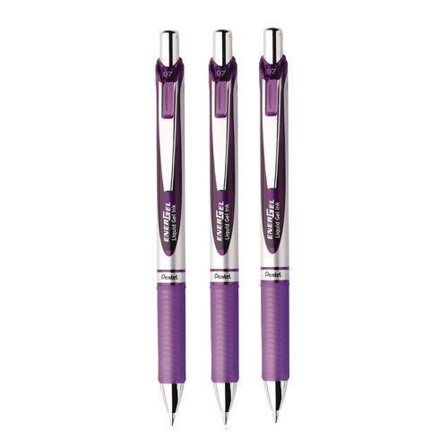 Image of Pentel® EnerGel RTX Deluxe Gel Pen, Retractable, Medium 0.7 mm, Purple Ink, Purple/Silver Barrel, 3/Pack