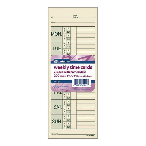 Image of Adams® Time Cards for Pyramid 1000 Time Clock, Two Sides, 3.38" x 9", 200/Pack