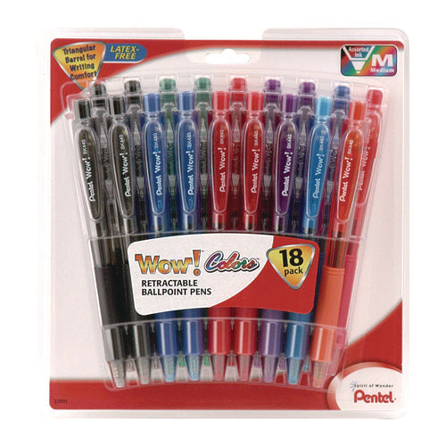 Image of Pentel® WOW! Ballpoint Pen, Retractable, Medium 1 mm, Assorted Ink and Barrel Colors, 18/Pack