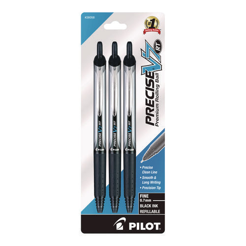 Image of Pilot® Precise V7RT Rollerball Pen, Retractable, Fine 0.7 mm, Black Ink, Black Barrel, 3/Pack