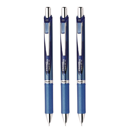 Image of Pentel® EnerGel RTX Deluxe Gel Pen, Retractable, Fine 0.5 mm, Blue Ink, Blue/Silver Barrel, 3/Pack