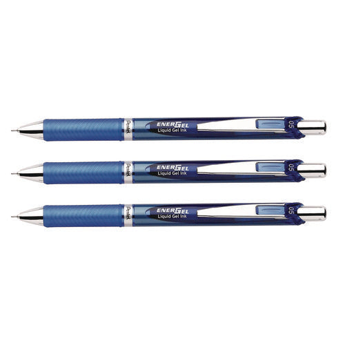 Image of Pentel® EnerGel RTX Deluxe Gel Pen, Retractable, Fine 0.5 mm, Blue Ink, Blue/Silver Barrel, 3/Pack