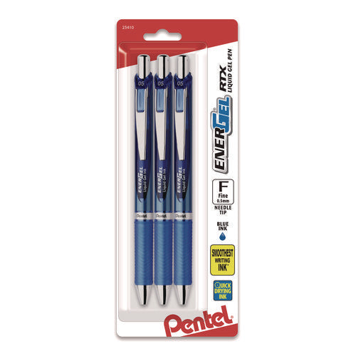 Image of Pentel® EnerGel RTX Deluxe Gel Pen, Retractable, Fine 0.5 mm, Blue Ink, Blue/Silver Barrel, 3/Pack