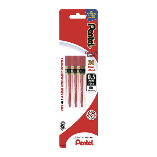 Image of Pentel® Colored Lead Refill, 0.5 mm, HB, Red, 12 Leads/Tube, 3 Tubes