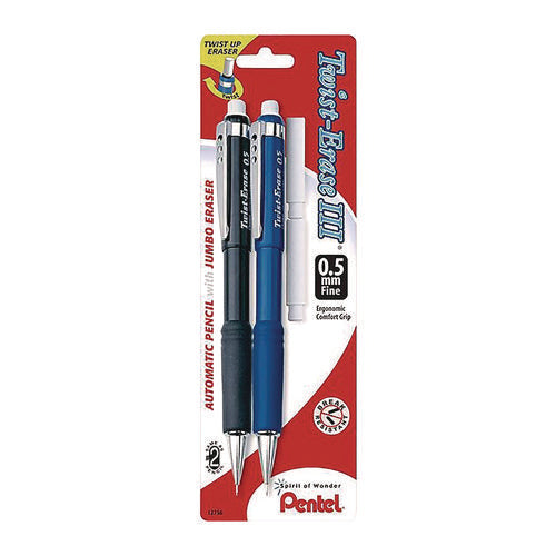 Image of Pentel® Twist-Erase III Mechanical Pencil, 0.5 mm, HB (#2), Black Lead, Black/Blue Barrel, 2/Pack