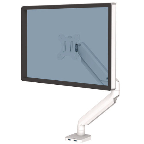 Image of Fellowes® Platinum Series Single Monitor Arm, For 27" Monitors, 360 Deg Rotation, 45 Deg Tilt, 180 Deg Pan, White, Supports 20 Lb