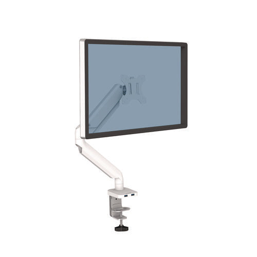 Image of Fellowes® Platinum Series Single Monitor Arm, For 27" Monitors, 360 Deg Rotation, 45 Deg Tilt, 180 Deg Pan, White, Supports 20 Lb