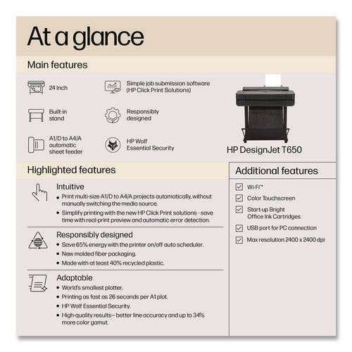 Image of HP DesignJet T650 24" Printer with One-Year Warranty