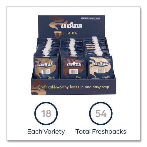 Image of Lavazza Latte Merchandiser Kit, Classic/Mocha/Vanilla Freshpacks, 54/Carton