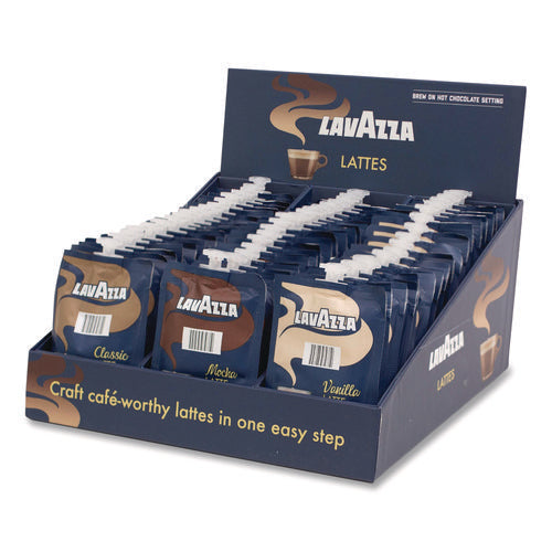 Image of Lavazza Latte Merchandiser Kit, Classic/Mocha/Vanilla Freshpacks, 54/Carton