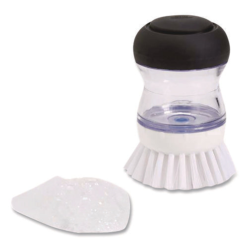 Image of OXO Good Grips Soap Dispensing Palm Brush, Whie Nylon Bristles, 4" Brush, Clear/Black Handle