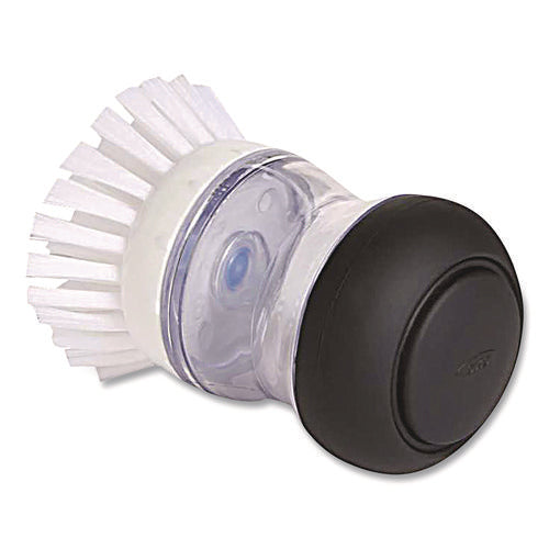 Image of OXO Good Grips Soap Dispensing Palm Brush, Whie Nylon Bristles, 4" Brush, Clear/Black Handle