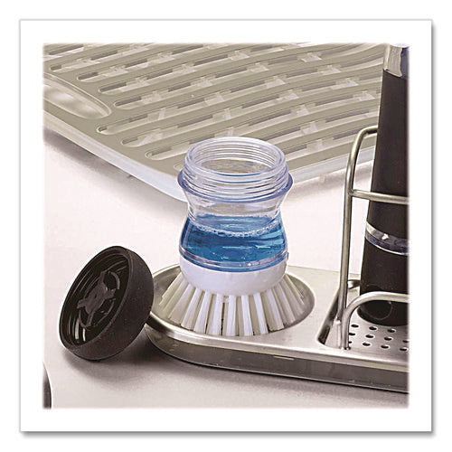 Image of OXO Good Grips Soap Dispensing Palm Brush, Whie Nylon Bristles, 4" Brush, Clear/Black Handle