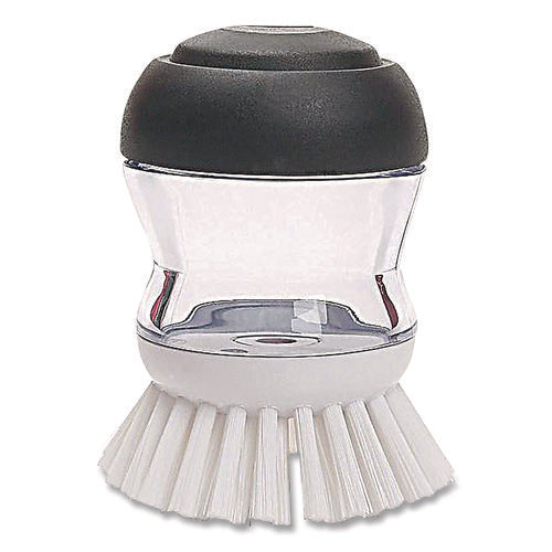 Image of OXO Good Grips Soap Dispensing Palm Brush, Whie Nylon Bristles, 4" Brush, Clear/Black Handle