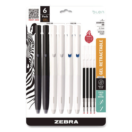 Image of Zebra® bLen Gel Pen, Medium 0.7 mm, Black; Blue Ink, White; Black Barrel, 6/Pack