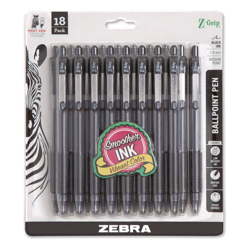Image of Zebra® Z-Grip Ballpoint Pen, Retractable, Medium 1 mm, Black Ink, Clear/Black Barrel, 18/Pack