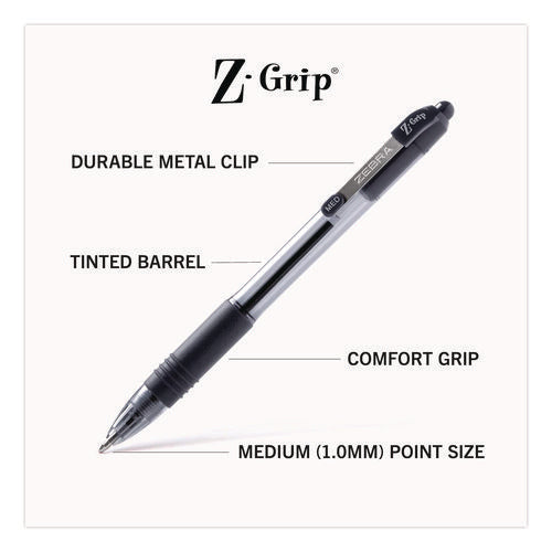 Image of Zebra® Z-Grip Ballpoint Pen, Retractable, Medium 1 mm, Black Ink, Clear/Black Barrel, 18/Pack