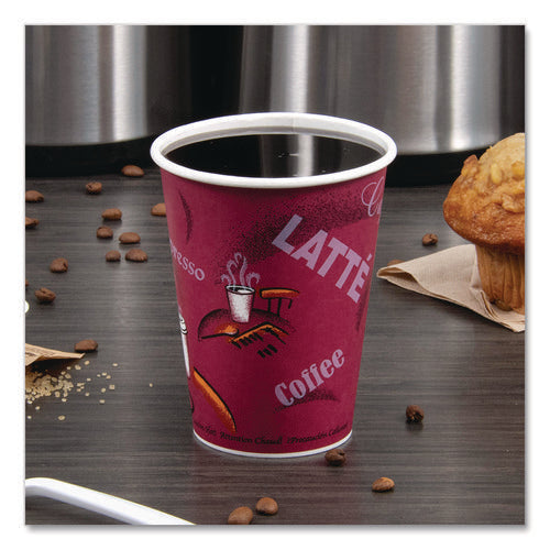 Image of SOLO® Paper Hot Drink Cups in Bistro Design, 12 oz, Maroon, 300/Carton