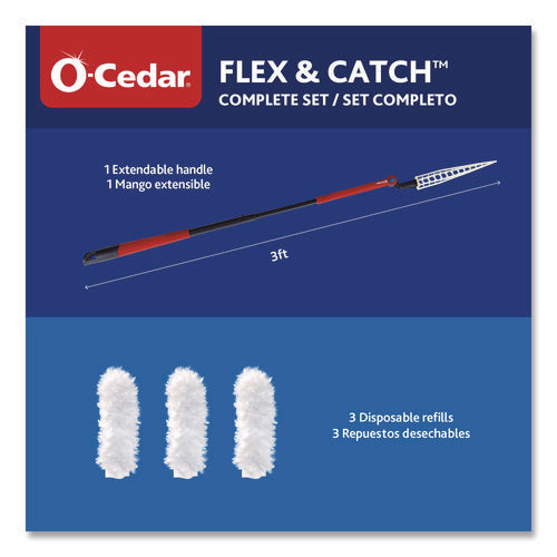 Image of O-Cedar® Flex and Catch Heavy-Duty Dusting Kit, 1 Duster Wand and 3 Refills, 6/Carton