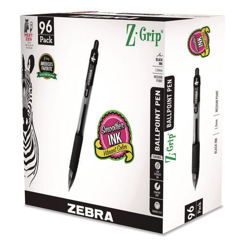 Image of Zebra® Z-Grip Ballpoint Pen, Retractable, Medium, 1 mm, Black Ink, Clear/Black Barrel, 96/Pack