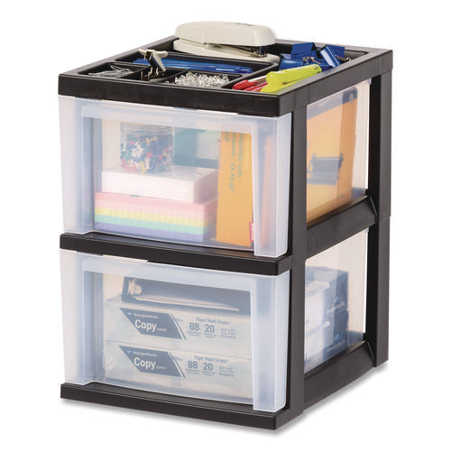 Image of IRIS 2-Compartment Desktop Stackable Storage Drawer, 12.17 x 14.33 x 16.77, Black/Translucent White