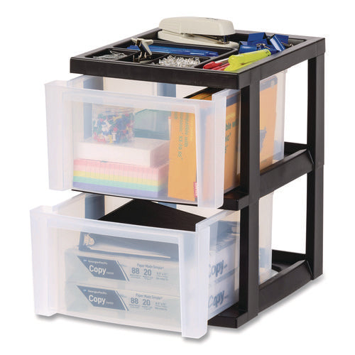 Image of IRIS 2-Compartment Desktop Stackable Storage Drawer, 12.17 x 14.33 x 16.77, Black/Translucent White