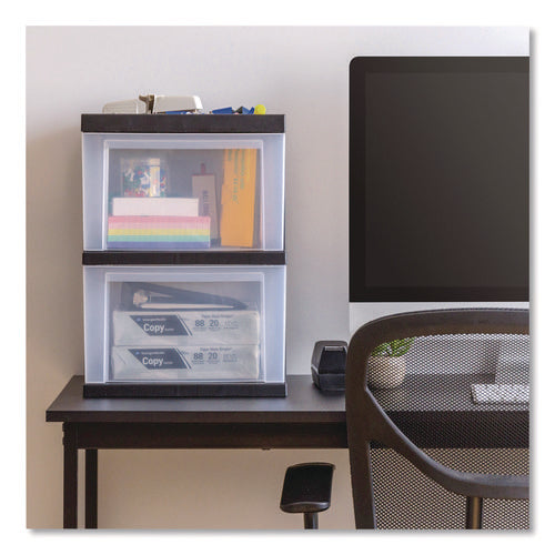 Image of IRIS 2-Compartment Desktop Stackable Storage Drawer, 12.17 x 14.33 x 16.77, Black/Translucent White