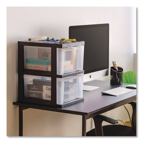 Image of IRIS 2-Compartment Desktop Stackable Storage Drawer, 12.17 x 14.33 x 16.77, Black/Translucent White
