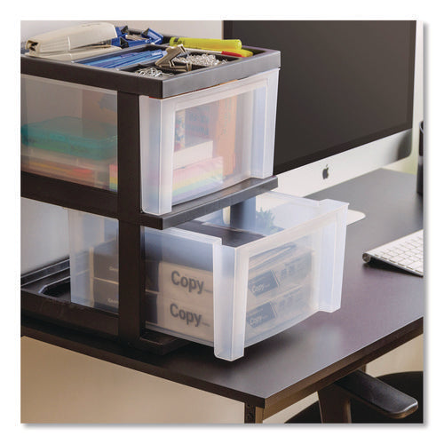 Image of IRIS 2-Compartment Desktop Stackable Storage Drawer, 12.17 x 14.33 x 16.77, Black/Translucent White