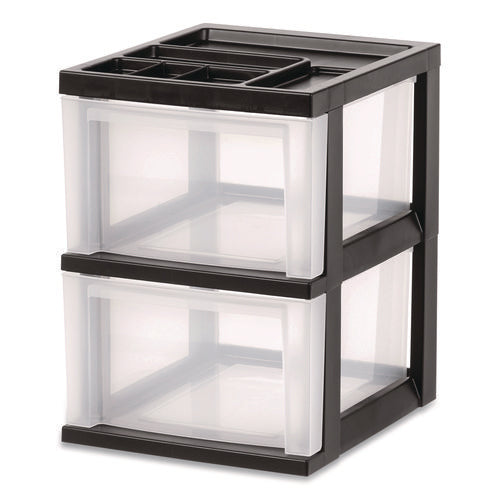 Image of IRIS 2-Compartment Desktop Stackable Storage Drawer, 12.17 x 14.33 x 16.77, Black/Translucent White
