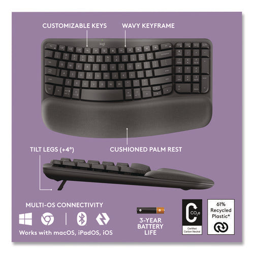 Image of Logitech® Wave MK670 Wireless Ergonomic Keyboard and Signature M550L Mouse Combo, 2.4 GHz, Frequency/33 ft Wireless Range, Graphite