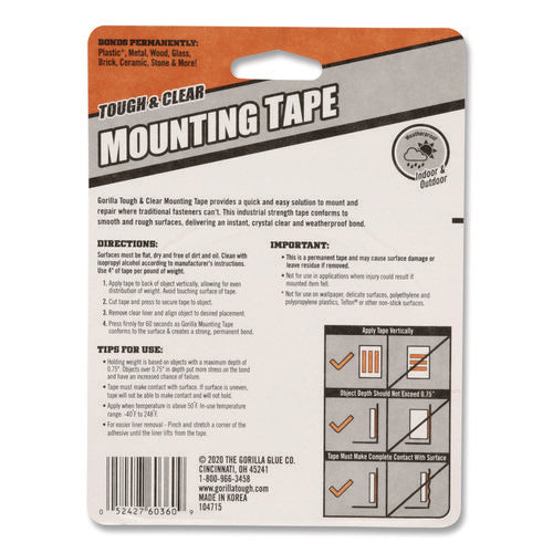 Image of Gorilla® Tough and Clear Double-Sided Mounting Tape, Permanent, Holds Up to 0.25 lb per Inch, 1" x 12.5 ft, Clear