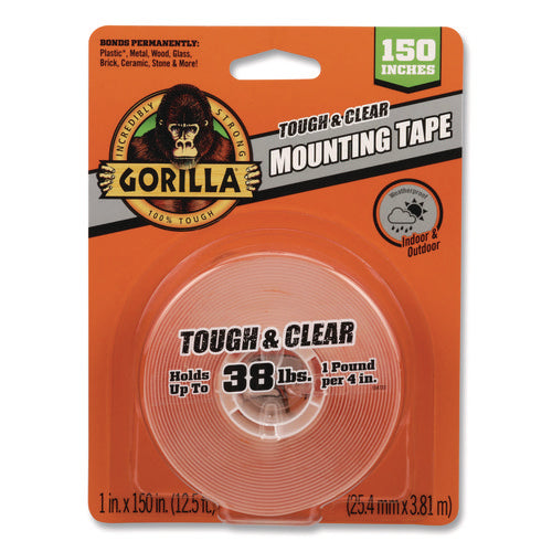 Image of Gorilla® Tough and Clear Double-Sided Mounting Tape, Permanent, Holds Up to 0.25 lb per Inch, 1" x 12.5 ft, Clear