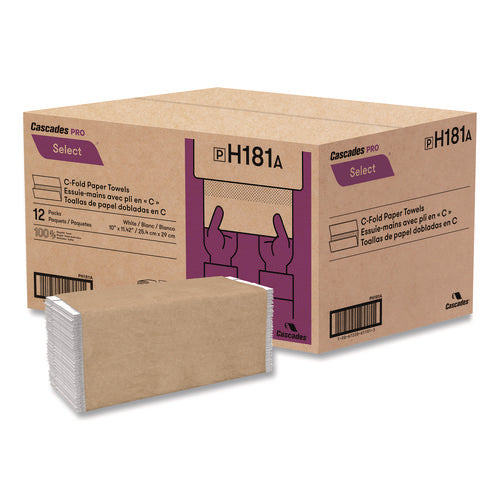 Image of Cascades PRO Select Folded Paper Towels, C-Fold Towels, 1-Ply, 3.75 x 10, White, 198 Towels/Pack, 12 Packs/Carton