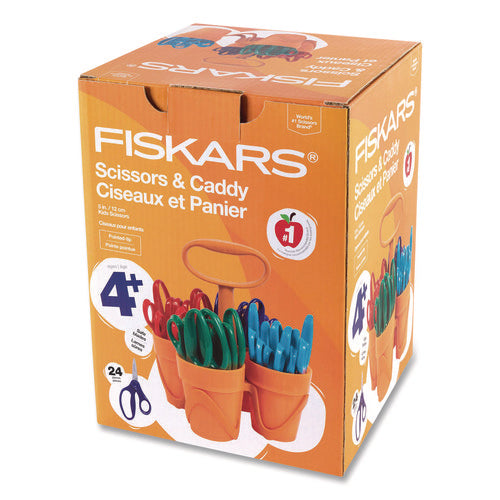 Image of Fiskars® Classpack Scissors Caddy, Pointed Tip, 5" Long, 1.6" Cut Length, Straight Asst Color Handles: Blue/Green/Lt Blue/Red, 24/Set