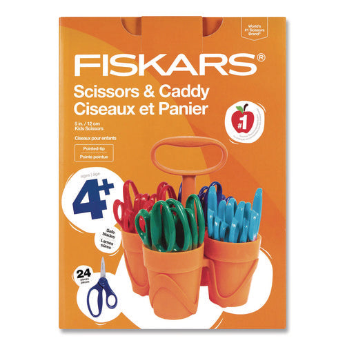 Image of Fiskars® Classpack Scissors Caddy, Pointed Tip, 5" Long, 1.6" Cut Length, Straight Asst Color Handles: Blue/Green/Lt Blue/Red, 24/Set