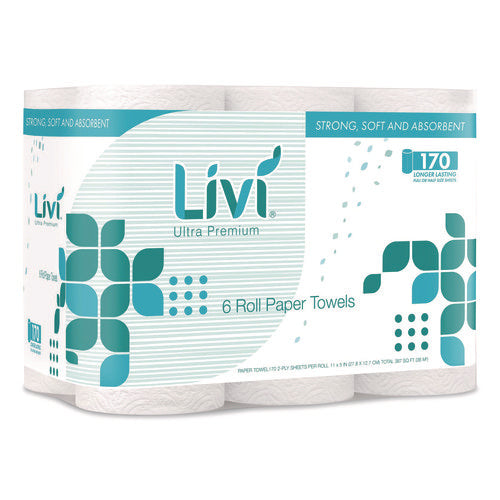 Image of Livi® Ultra Premium Kitchen Roll Towel, 2-Ply, 5" x 11", White, 6 Rolls/Pack, 4 Packs/Carton
