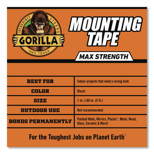 Image of Gorilla® Max Strength Mounting Tape, Permanent, Holds Up to 45 lb (3 lbs per 4 in), 1 x 60, Black