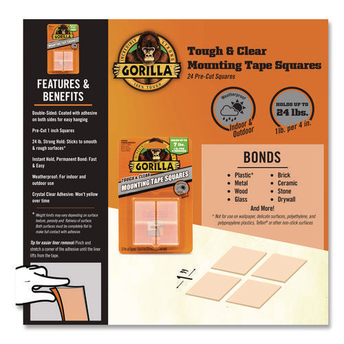 Image of Gorilla® Tough and Clear Double-Sided Mounting Tape Squares, Holds Up to 0.58 lb per Pair (Up to 7 lb per 24), 1" x 1", Clear, 24/Pack