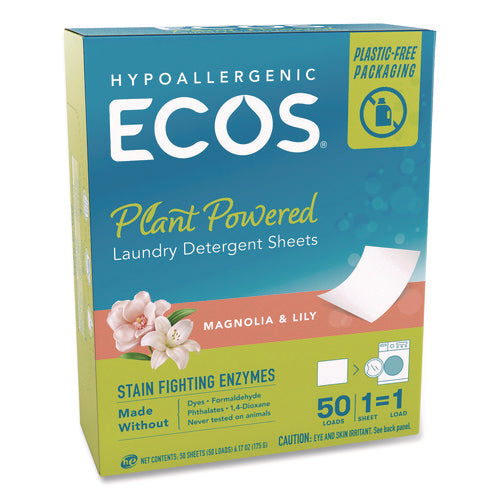 Image of ECOS® Liquidless Laundry Detergent Sheets, Magnolia and Lily, 6.17 oz Box, 50 Sheets
