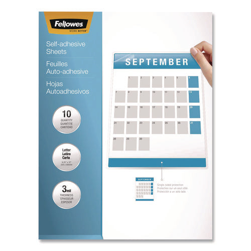 Image of Fellowes® Self-Adhesive Laminating Sheets, 3 mil, 9.25 x 12, Glossy Clear, 10/Pack
